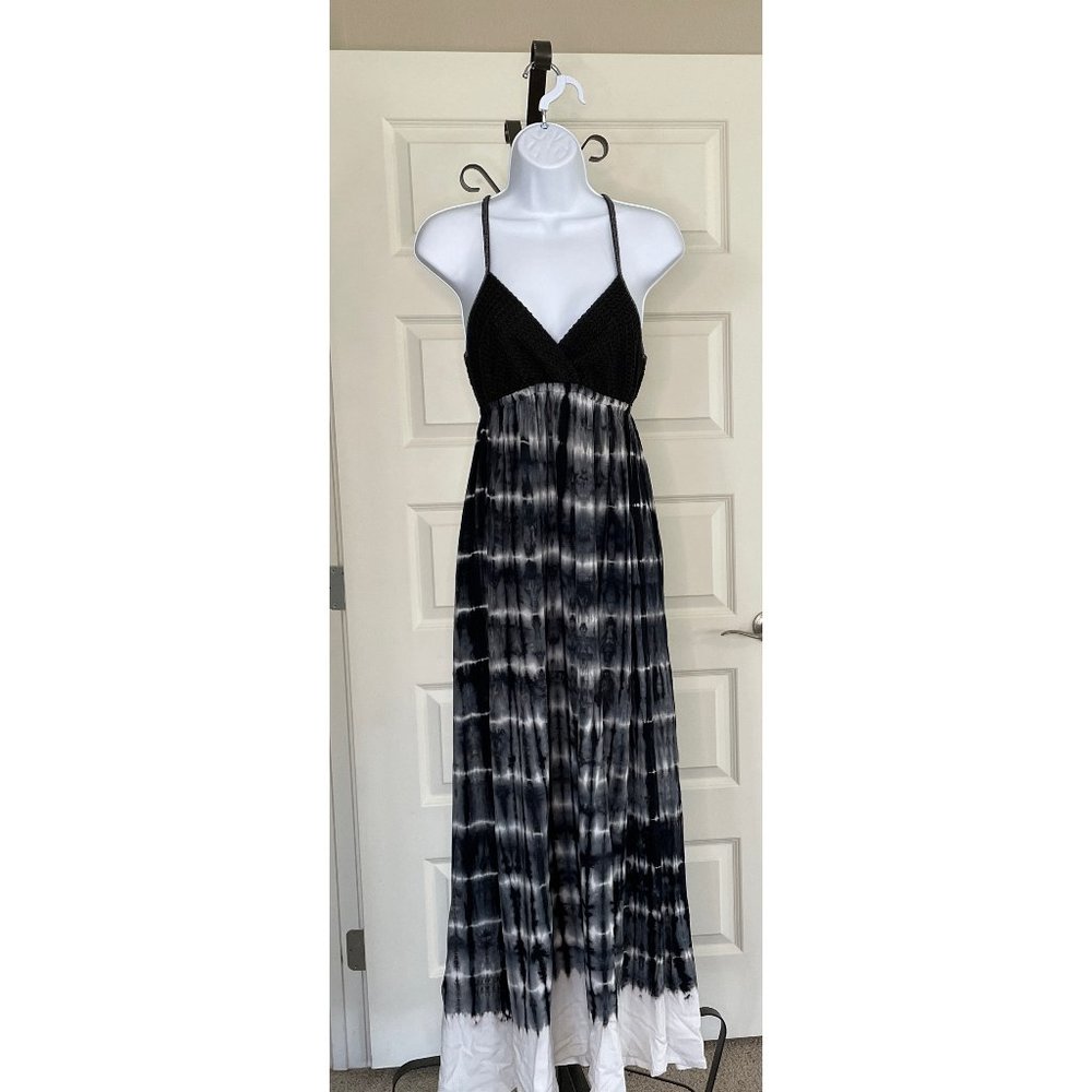 Splendid Voile Crochet Tie Dye Black & White Maxi Dress XS